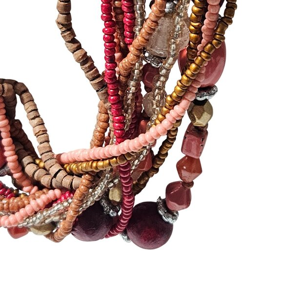 Chunky Seed Beaded Multistrand Necklace Mixed Media Statement Fashion Jewelry - Picture 2 of 6